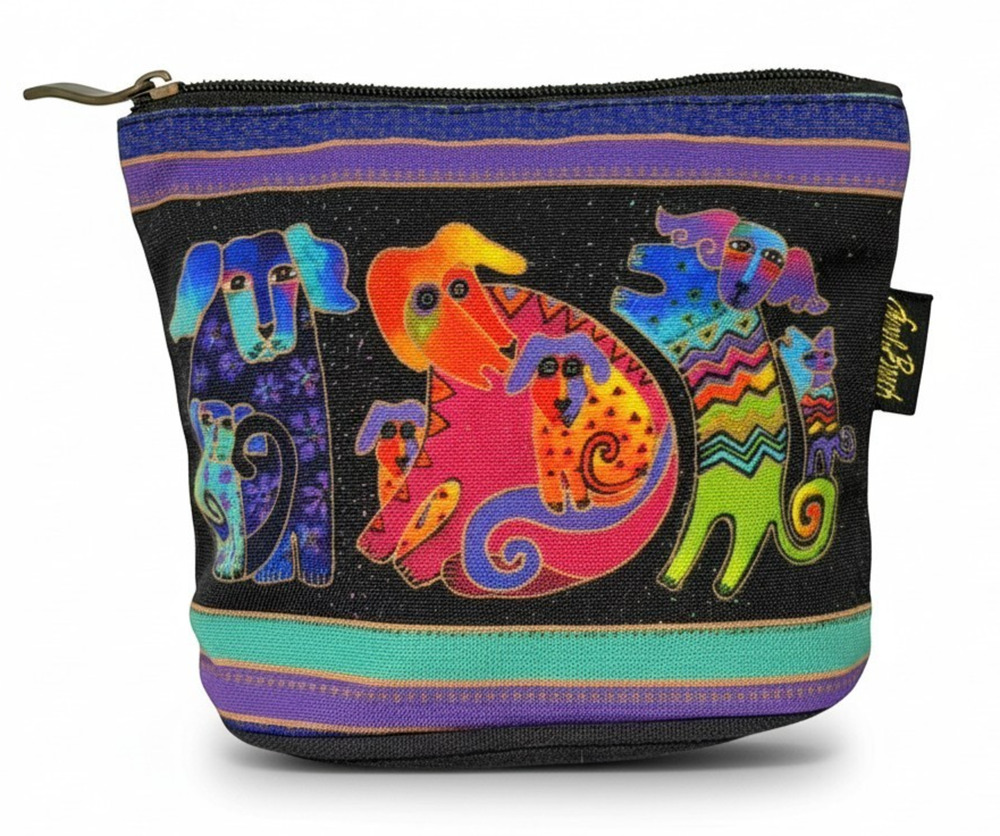 Laurel Burch Dogs & Doggies Canvas Cosmetic Zip Pouch Makeup Bag Travel Case